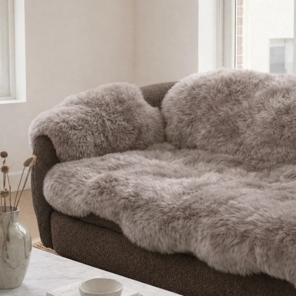 Genuine Beige Sheepskin Couch Cover for Pets — Natural Sofa Protector (Plastic-Free)